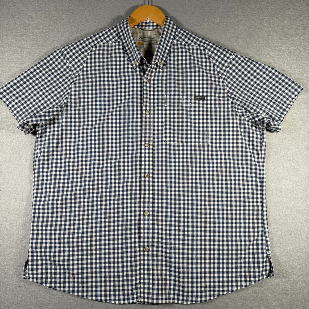 Eddie Bauer Travex Mens XL Classic Fit Gingham Button Down Shirt Navy Blue‎